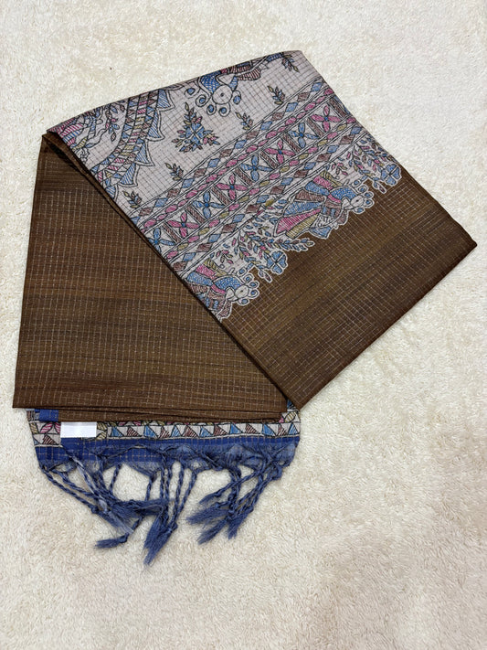 Tusser checks saree with floral print