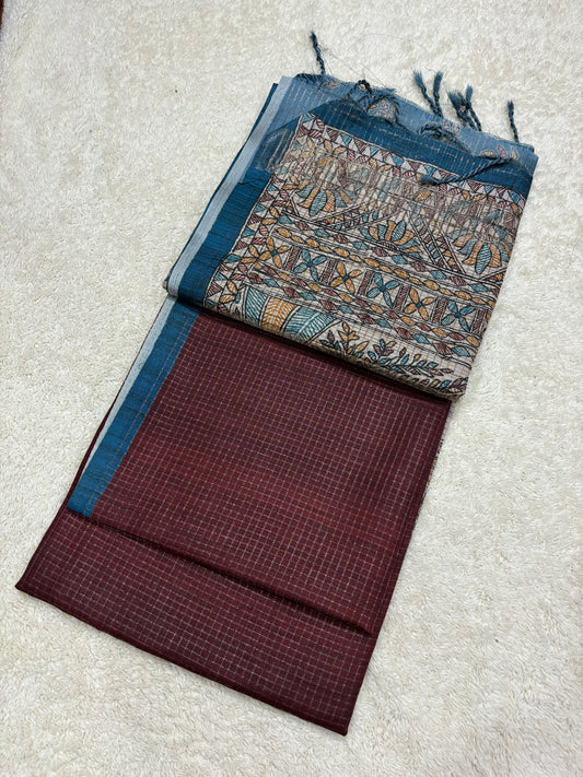 Tusser checks saree with floral print